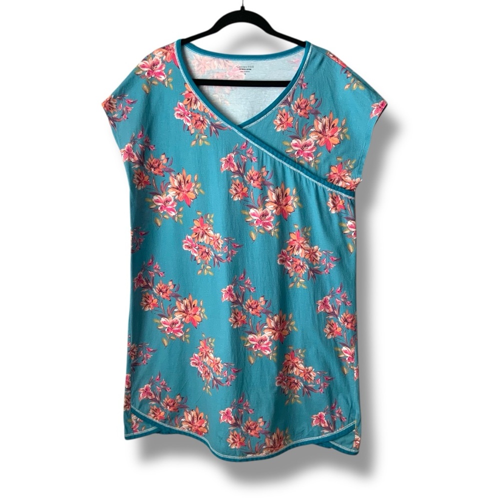 GARNET HILL Asian Wrap Floral Nightgown Organic Cotton Teal Blue Pink XL - Picture 11 of 11